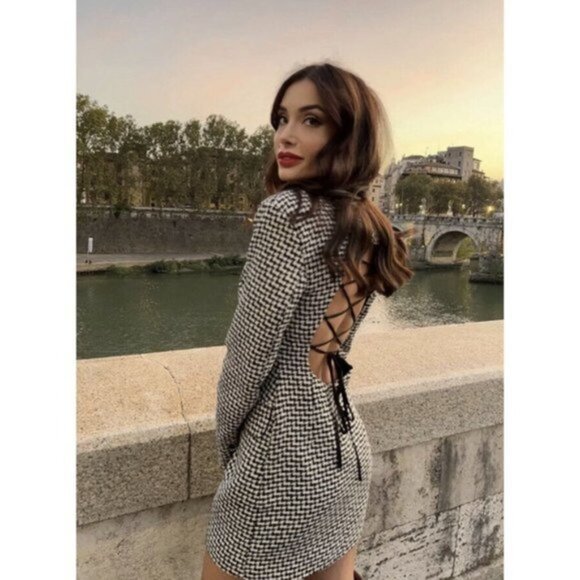 NWT Zara Houndstooth Blazer Dress Black / White 8342/334 Women Size XS - Picture 12 of 16